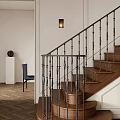Modern Staircase Interior With Metal Railing Wooden Steps Blue Chair And Wall Lamp