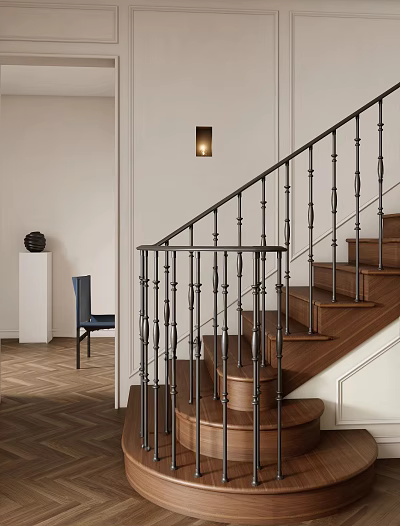 Modern Staircase Interior With Metal Railing Wooden Steps Blue Chair And Wall Lamp 3d model