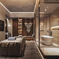 Modern SPA Sauna Room With Massage Bed Wooden Decor Bathtub And Window View