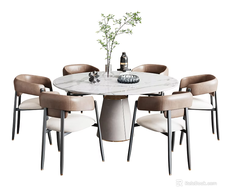 Elegant Round Dining Table Set With Marble Top And Six Upholstered Chairs 3d model