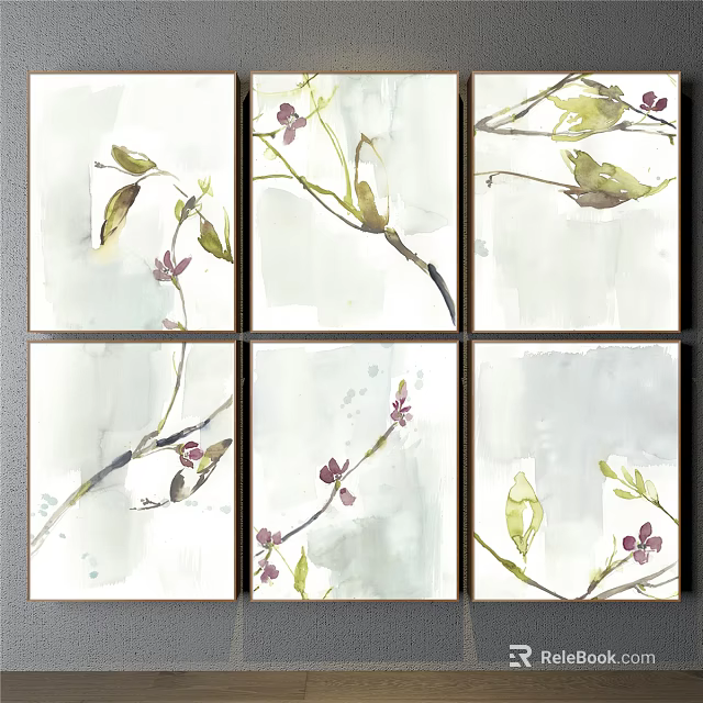 Watercolor Six Panel Plant Paintings Featuring Branches Green Leaves And Purple Small Flowers 3d model 