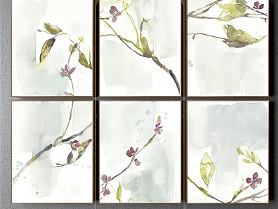 Watercolor Six Panel Plant Paintings Featuring Branches Green Leaves And Purple Small Flowers 3d model