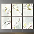 Watercolor Six Panel Plant Paintings Featuring Branches Green Leaves And Purple Small Flowers