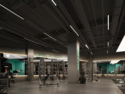 DAZ Fitness Modern Gym Interior With Workout Equipment Mirrors And Ceiling Lights 3d model