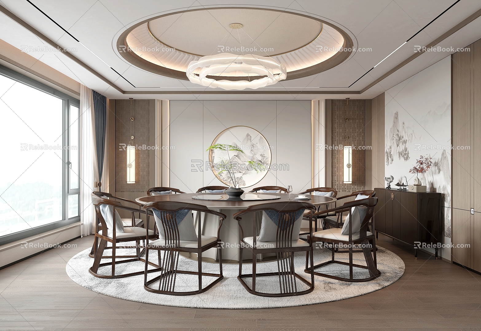 New Chinese Restaurant Rooms Rooms Rooms Rooms Rooms Rooms Dining Tables and Chairs Backwall Sideboard Cabinet 3d model