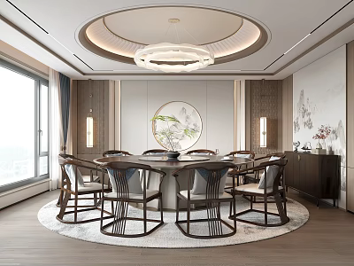 Chinese Style Private Dining Room With Round Table Traditional Chairs And Circular Chandelier 3d model