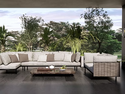 Comfortable Modern Outdoor Sofa In Natural View With Cushions Coffee Table And Green Plants 3d model