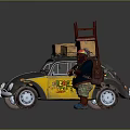 Yellow and Black Beetle Car with Red Chair Brown Boxes on Roof and Character Beside