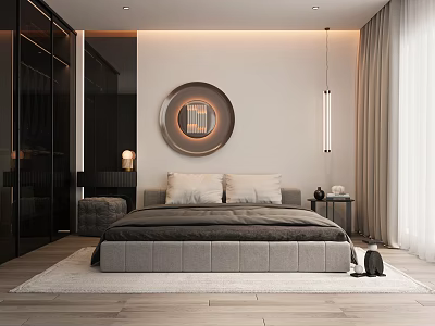 Modern Minimalist Bedroom Interior With Gray Bed Round Mirror Dark Wardrobe And Light Curtains 3d model