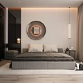 Modern Minimalist Bedroom Interior With Gray Bed Round Mirror Dark Wardrobe And Light Curtains
