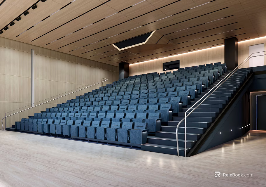 Modern Conference Room Interior With Stadium Seating Blue Chairs Wooden Walls And Staircase 3d model 