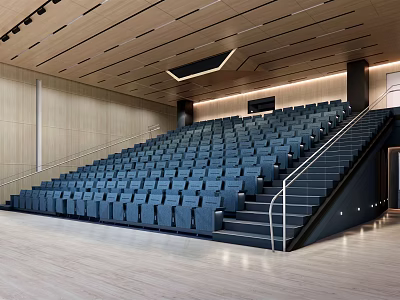 Modern Conference Room Interior With Stadium Seating Blue Chairs Wooden Walls And Staircase 3d model