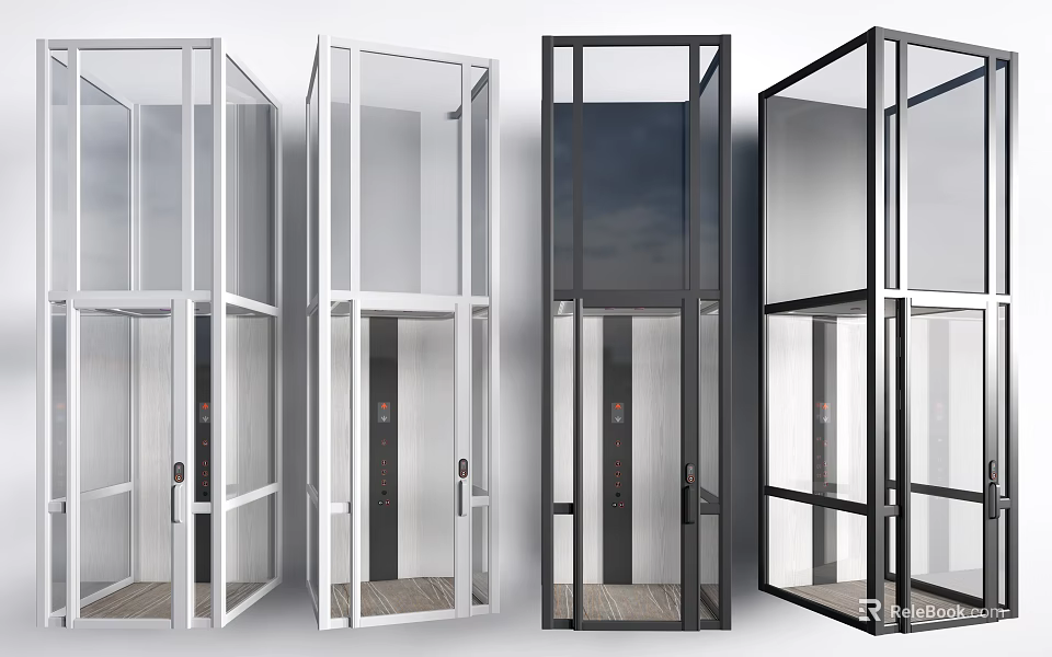 Modern Glass Elevator Designs With Different Color Frames And Interior Styles 3d model 