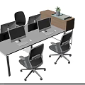 Modern Office Desk With Four Computer Monitors Grey Office Chairs And Side Cabinet Green Plant