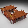 Ancient Chinese Architecture With Red Curved Roof And Traditional Carved Wooden Doors