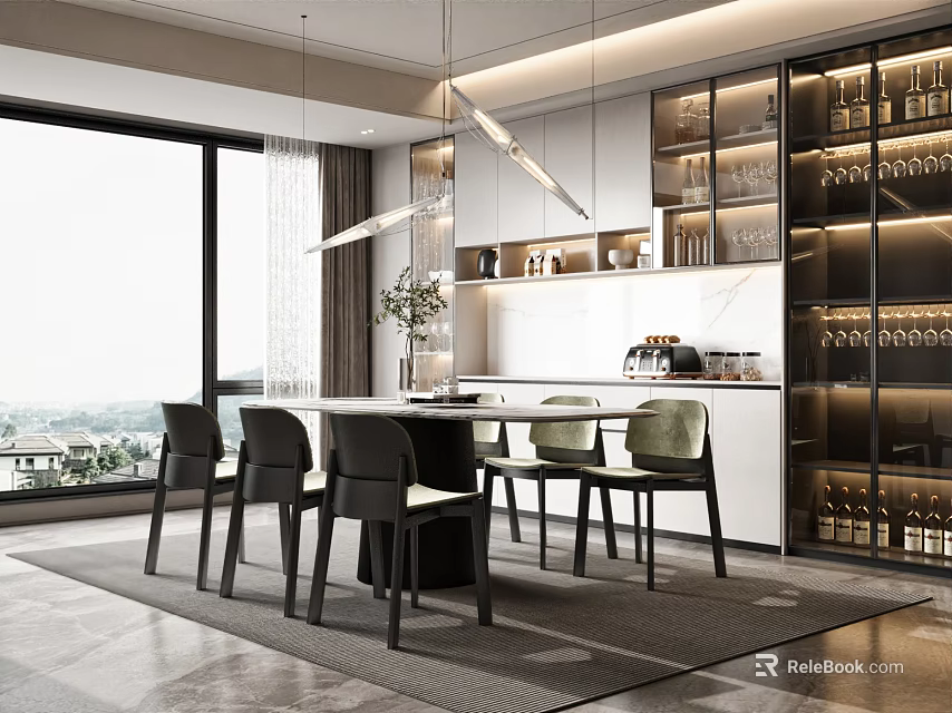 Modern Restaurant Interior With Large Windows City View Dining Table Lighting And Glassware Shelves 3d model 