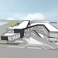Striking Modern Sales Office Building Featuring Unique Roof Design Glass Facade And Open Plaza