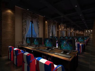 Modern Internet Cafe Interior With Multiple Computers Comfortable Chairs Wooden Tables And Chandeliers 3d model