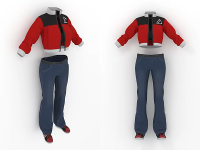 Red And Black Cropped Jacket With Blue Jeans White Cuffs Casual Clothing Outfit 3d model
