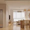 Elegant Modern Living and Dining Room Interior With Beige Sofa Wooden Table and Wall Paintings
