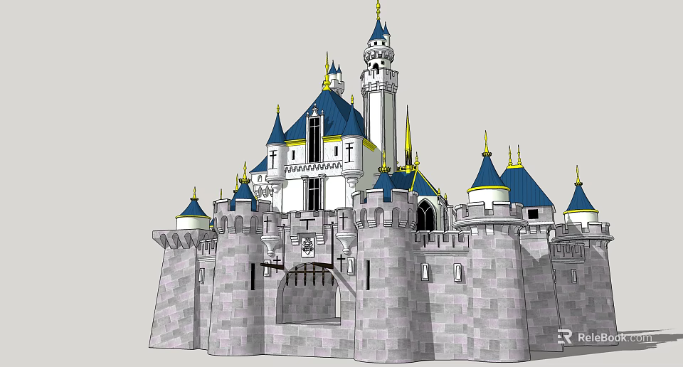 Historical Ancient Castle Architecture Featuring Blue Spires Towers And Stone Walls 3d model 