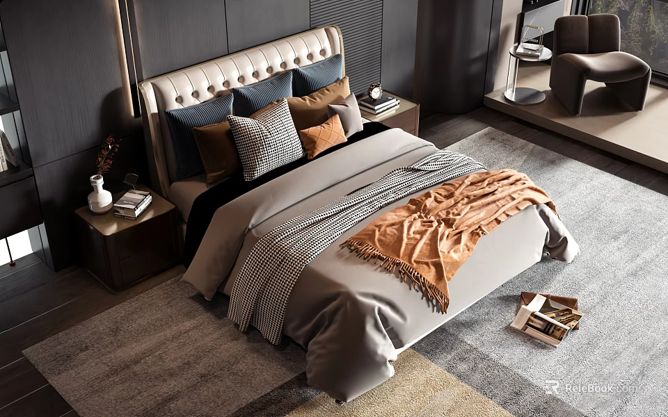 Modern Double Bed With Upholstered Headboard Multiple Pillows And Brown Throw Blanket 3d model 