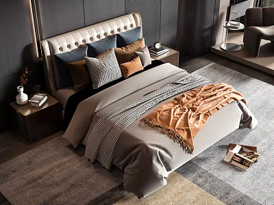 Modern Double Bed With Upholstered Headboard Multiple Pillows And Brown Throw Blanket 3d model