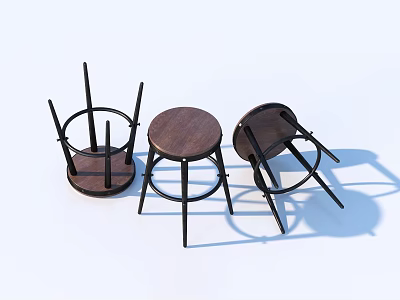 Three Modern Stools Featuring Round Wooden Seats And Black Metal Legs 3d model