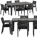 Modern Dark Marble Dining Table Set With Six Black Woven Backrest Chairs