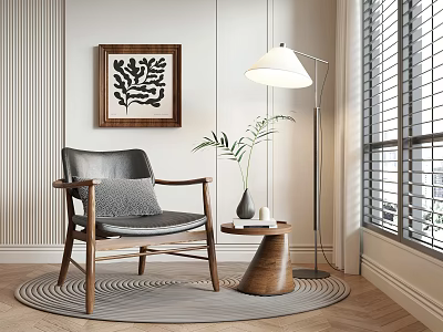 Gray Leisure Chair With Wooden Armrests Small Round Table Floor Lamp And Decorative Painting 3d model