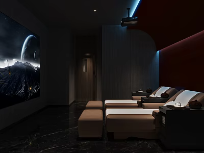 Modern SPA Sauna Room Interior With Dark Walls Large Cosmic Screen And Brown Lounge Chairs 3d model