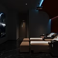 Modern SPA Sauna Room Interior With Dark Walls Large Cosmic Screen And Brown Lounge Chairs