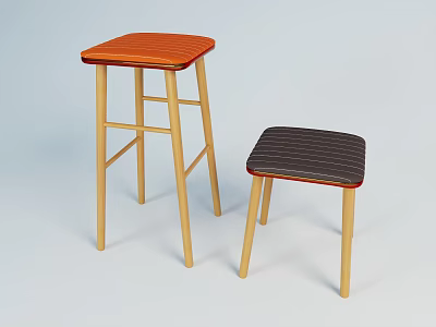 Two Modern Wooden Stools With Orange And Dark Gray Striped Seats On Light Blue Background 3d model