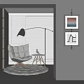 Tufted Brown Single Seater Sofa With Wooden Legs Curved Floor Lamp And Wall Art