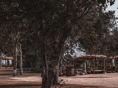 Rustic Hinged Door In Outdoor Natural Setting With Trees Wooden Pavilions Barrels And Benches 3d model
