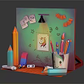 Vibrant Cartoon Craft Scene With Colorful Crayons Smiley Pen Holder Unicorn Drawing And Star Stickers