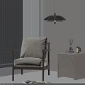 Leisure Chair With Beige Cushion And Wooden Frame Side Table Aromatherapy Sticks Blinds Pendant Light