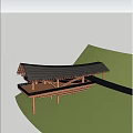 Modern Wooden Road Facility with Curved Roof Pedestrians and Green Landscape