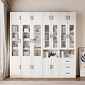 White Bookcase with Glass Doors Cabinets and Drawers in Living Room with Curtain and Painting