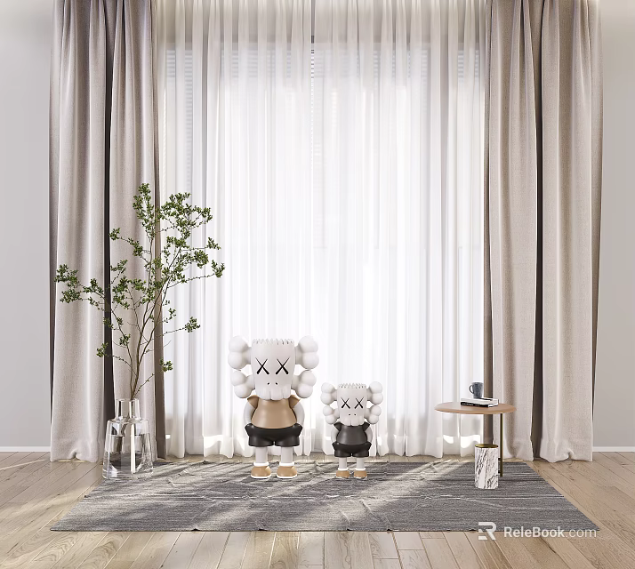 Elegant Beige Linen Curtains For Modern Living Room Interior With Green Plant And Side Table 3d model 