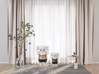 Elegant Beige Linen Curtains For Modern Living Room Interior With Green Plant And Side Table 3d model