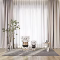 Elegant Beige Linen Curtains For Modern Living Room Interior With Green Plant And Side Table