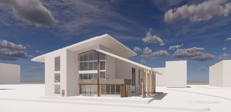 Modern White Building With Large Glass Windows Sloped Roof And Wooden Supports Under Blue Sky 3d model 