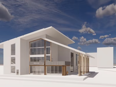 Modern White Building With Large Glass Windows Sloped Roof And Wooden Supports Under Blue Sky 3d model