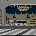 The Kitchen Restaurant Interior With Blue Decor Pink Chairs White Dotted Walls And Arched Ceiling