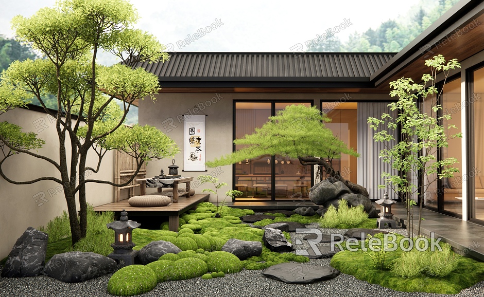 Courtyard Garden Ting Step Bryophytes Stone Pine Tree Courtyard Plants Landscape Yard model