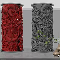 Red and Gray Ornate Columns Featuring Dragon Carvings and Green Plants in White Blinds Setting