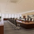 Spacious Conference Room Interior With Long Wooden Table Black Office Chairs And Green Plants