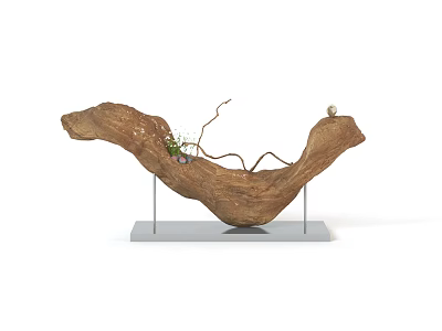 Natural Wooden Decorative Ornament Set With Curved Shape Metal Stand and Small Plants 3d model