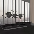 Hanging Black Wolf Head Sculptures in Modern Interior with Large Windows 3d model
